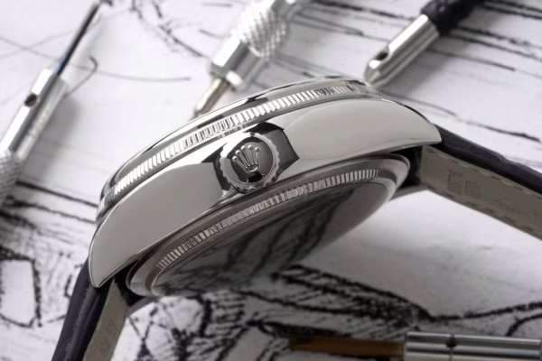 Rolex Cellini Dual Time 50529 Silver Sunburst Dial Brown Leather Strap 39mm Mens Replica Watch - Image 7