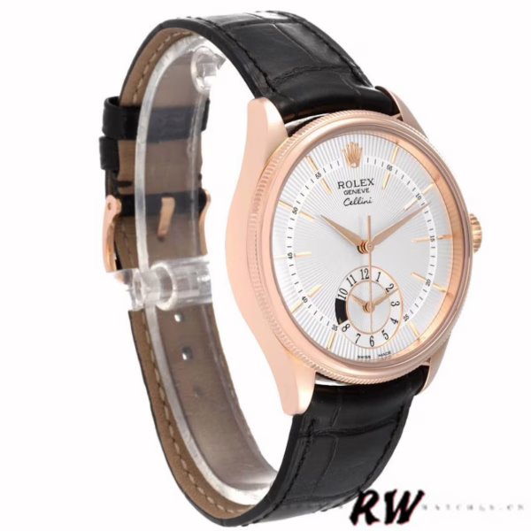 Rolex Cellini Dual Time 50525 Silver Dial Black Leather Strap 39mm Mens Replica Watch - Image 2