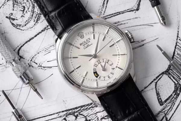 Rolex Cellini Dual Time 50529 Silver Sunburst Dial Brown Leather Strap 39mm Mens Replica Watch - Image 3