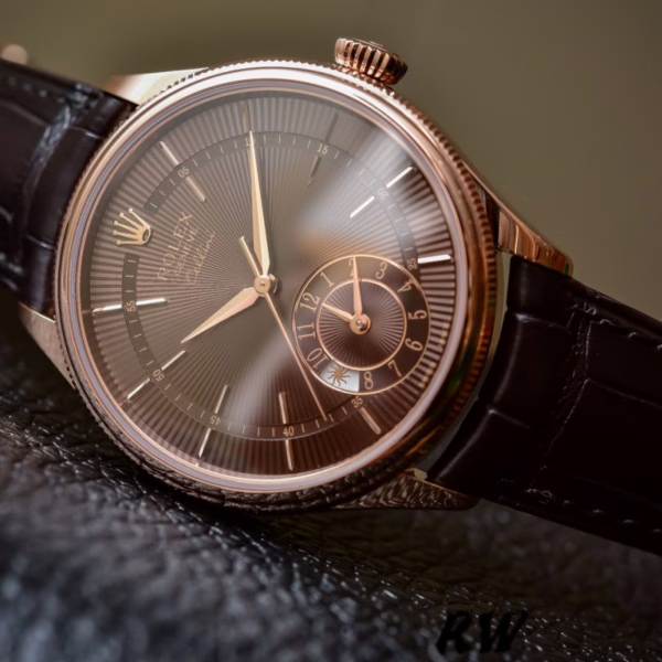 Rolex Cellini Dual Time 50525 Brown Guilloche Dial Brown Leather Strap 39mm Mens Replica Watch - Image 4