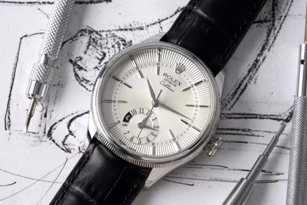 Rolex Cellini Dual Time 50529 Silver Sunburst Dial Brown Leather Strap 39mm Mens Replica Watch - Image 4