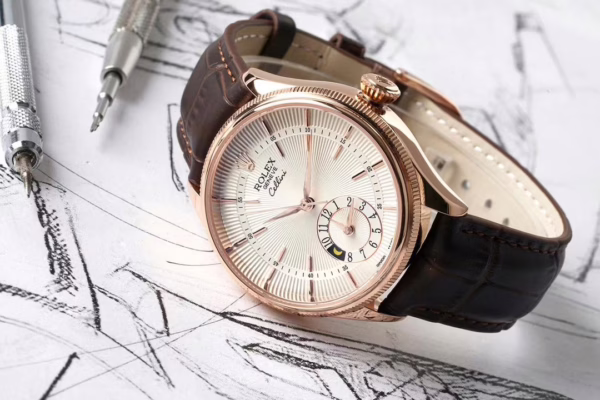 Rolex Cellini Dual Time 50525 Silver Dial Brown Leather Strap 39mm Mens Replica Watch - Image 2