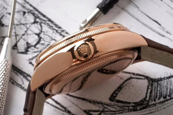 Rolex Cellini Dual Time 50525 Silver Dial Brown Leather Strap 39mm Mens Replica Watch - Image 4