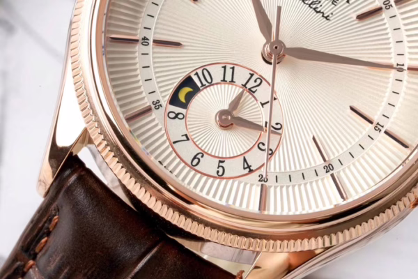 Rolex Cellini Dual Time 50525 Silver Dial Brown Leather Strap 39mm Mens Replica Watch - Image 3