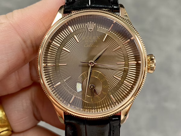 Rolex Cellini Dual Time 50525 Brown Guilloche Dial Black Leather Strap 39mm Mens Replica Watch - Image 3