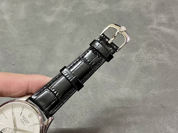 Rolex Cellini Dual Time 50529 Silver Sunburst Dial Black Leather Strap 39mm Mens Replica Watch - Image 9