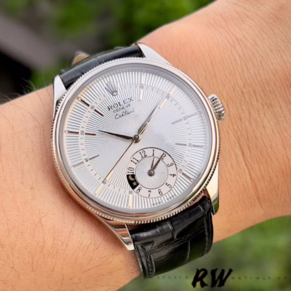 Rolex Cellini Dual Time 50529 Silver Sunburst Dial Black Leather Strap 39mm Mens Replica Watch - Image 10