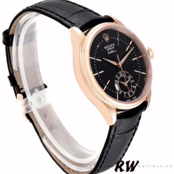 Rolex Cellini Dual Time 50525 Black Dial Black Leather Strap 39mm Mens Replica Watch - Image 4
