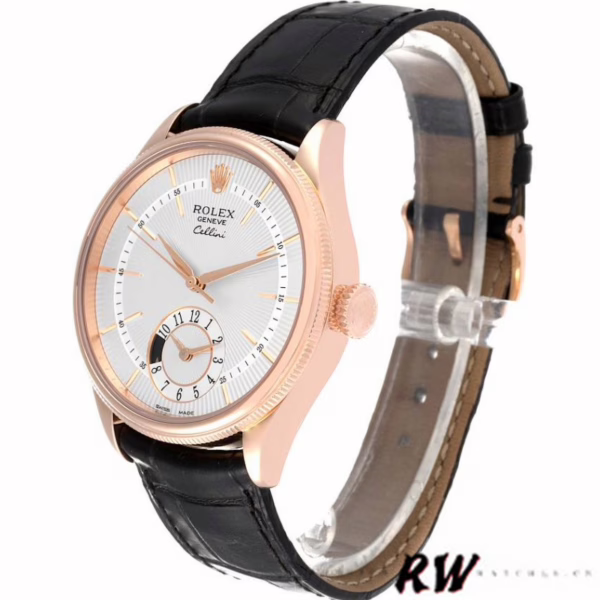 Rolex Cellini Dual Time 50525 Silver Dial Black Leather Strap 39mm Mens Replica Watch - Image 3
