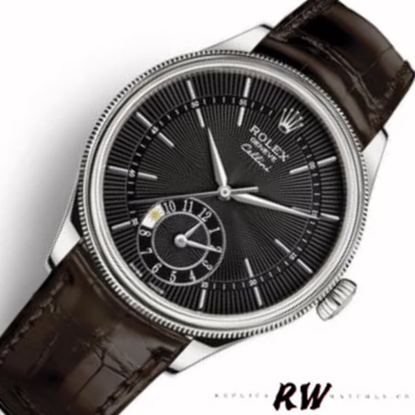 Rolex Cellini Dual Time 50529 Black Dial Brown Leather Strap 39mm Mens Replica Watch - Image 5