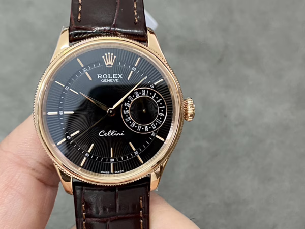 Rolex Cellini Date 50515 Brown Leather Black Index Dial 39mm Mens Replica Watch - Image 4