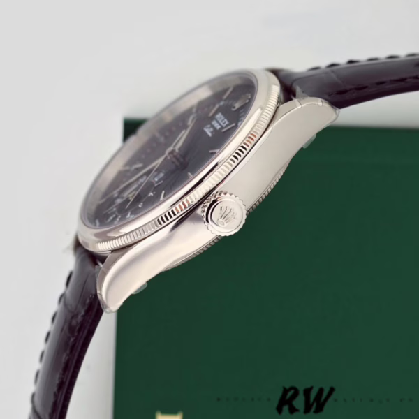 Rolex Cellini Dual Time 50529 Black Dial Brown Leather Strap 39mm Mens Replica Watch - Image 4