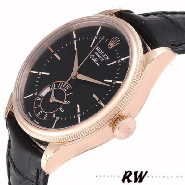 Rolex Cellini Dual Time 50525 Black Dial Black Leather Strap 39mm Mens Replica Watch - Image 2