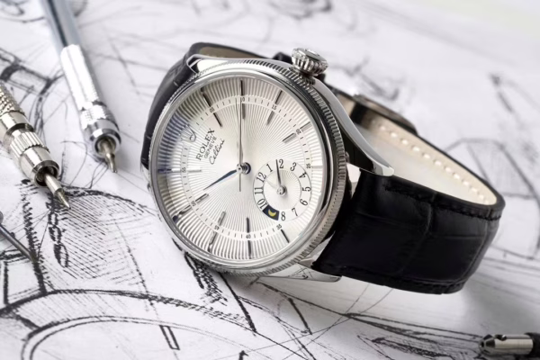 Rolex Cellini Dual Time 50529 Silver Sunburst Dial Brown Leather Strap 39mm Mens Replica Watch - Image 5