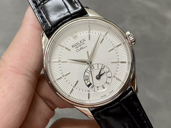Rolex Cellini Dual Time 50529 Silver Sunburst Dial Black Leather Strap 39mm Mens Replica Watch - Image 2