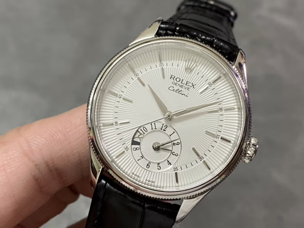 Rolex Cellini Dual Time 50529 Silver Sunburst Dial Black Leather Strap 39mm Mens Replica Watch - Image 3