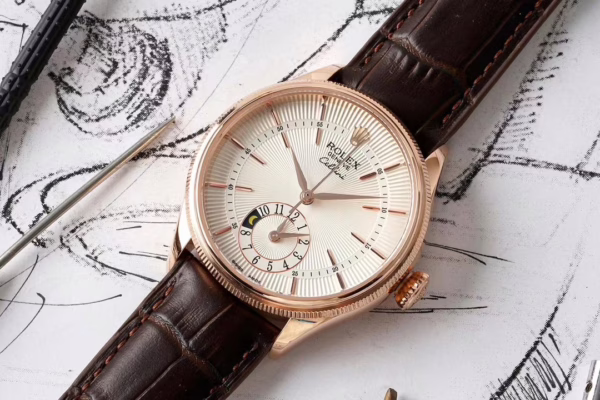 Rolex Cellini Dual Time 50525 Silver Dial Brown Leather Strap 39mm Mens Replica Watch - Image 6