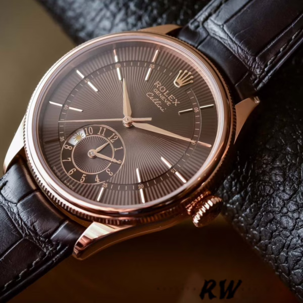 Rolex Cellini Dual Time 50525 Brown Guilloche Dial Brown Leather Strap 39mm Mens Replica Watch - Image 2