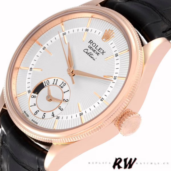 Rolex Cellini Dual Time 50525 Silver Dial Black Leather Strap 39mm Mens Replica Watch - Image 4