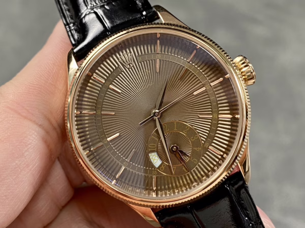 Rolex Cellini Dual Time 50525 Brown Guilloche Dial Black Leather Strap 39mm Mens Replica Watch - Image 4
